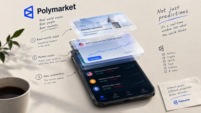A promotional image for Polymarket, showing a smartphone interface with prediction market data including 'Will Trump win the 2024 election?' and the tagline 'Not just predictions.'