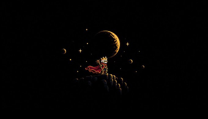 A pixel art character wearing a crown and red cape stands on a cliff under a crescent moon and stars against a black background.