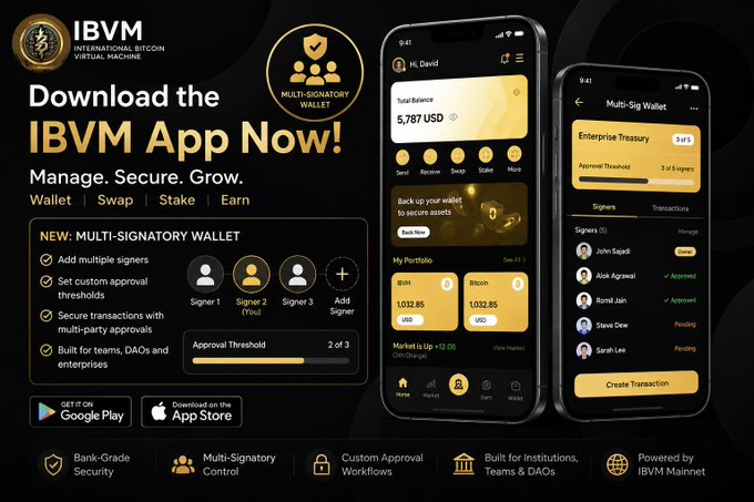 A promotional graphic for the IBVM (International Bitcoin Virtual Machine) App, advertising a new 'MULTI-SIGNATORY WALLET' with screenshots of the app interface on two smartphones.