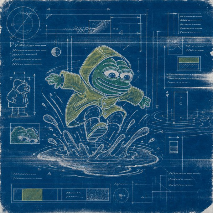 A cartoon frog, wearing a green raincoat and blue boots, leaps into a puddle with arms outstretched, surrounded by blue lines and shapes.