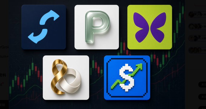 A collection of five cryptocurrency-related app or token logos, including a stylized 'S', a green 'P', a purple butterfly, intertwined gold and silver rings, and a blue pixelated 'S' with an upward arrow, set against a candlestick chart background.