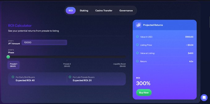 A dark-themed digital interface shows an 'ROI Calculator' for a JPT token, displaying projected returns including a 300% ROI and a 'Buy Now' button.