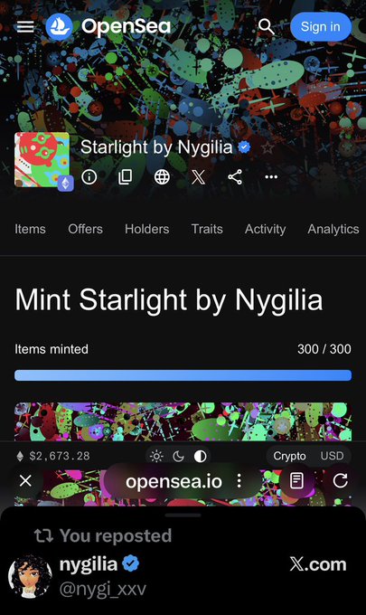 A mobile screenshot of an OpenSea page for 'Starlight by Nygilia', showing 300/300 items minted with a floor price of $2,673.28, and a repost from @nygi_xxv.