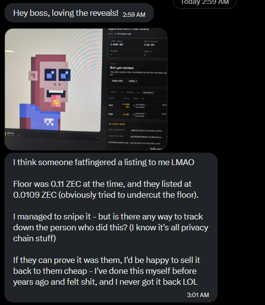 A screenshot of a Discord conversation about a ZEC NFT project, where a user named "boss" explains they accidentally fat-fingered a listing at 0.0109 ZEC (below the 0.11 ZEC floor), sniped their own NFT, and offers to sell it back cheaply. The accompanying post about the Zcash mint experience aligns with the user expressing frustration with the ZEC NFT marketplace.