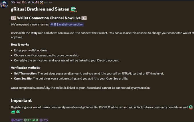 A Discord message from Ritual announcing a new 'Wallet Connection Channel' live for users with RITty role, detailing how to link wallets via Self Transaction or OpenSea Biosc verification methods.