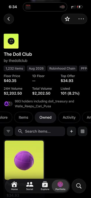 A mobile app screenshot showing an NFT collection called "The Doll Club" by thedollclub on Robinhood Chain, with a floor price of $40.35, 1,232 items, and a 24H volume of $2,202.50.
