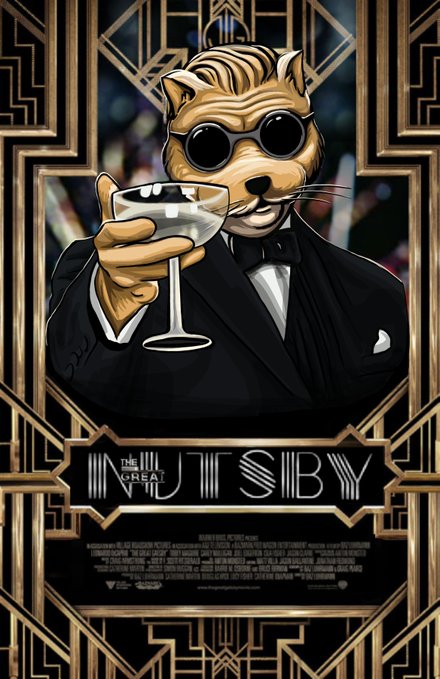 A parody movie poster in art deco style titled 'IN THE WHEAT JIBSIBY' shows a cat character in a tuxedo and round sunglasses holding a martini glass.