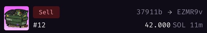 A digital trading card interface displays a "Sell" listing #12 for an item priced at 42.000 SOL with an 11-minute duration, showing transaction details of 37911b → EZMR9v, corresponding to the legendary "Dumpstr" NFT sale for 42 SOL as mentioned in the CyberKongz post.