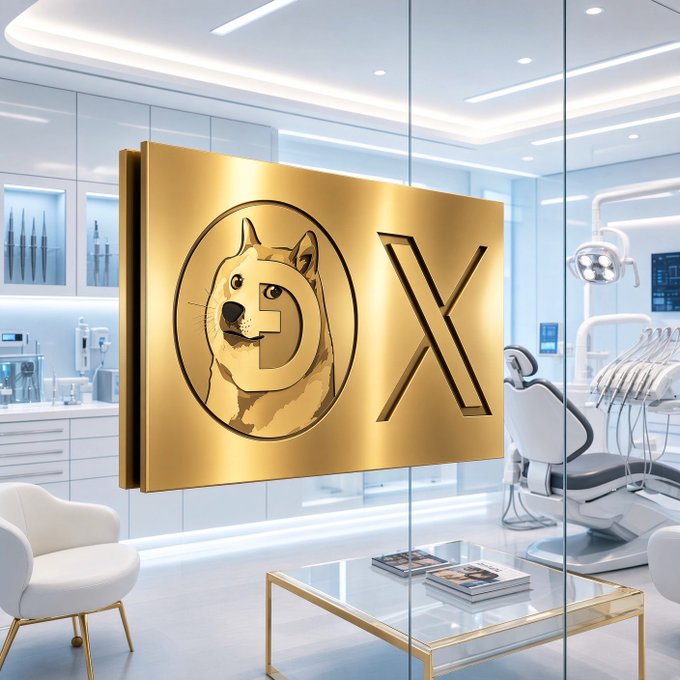 A gold sign featuring a Doge/Shiba Inu face encircled by a "D" and the letter "X" hangs prominently in a modern dental office, symbolizing a real-world business accepting Dogecoin ($DOGE) as payment and contributing to its growing real-world utility.