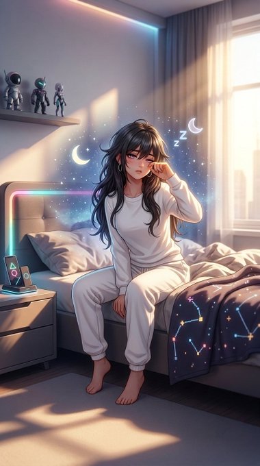An anime-style illustration shows a tired girl with long black hair in white pajamas sitting on a bed, surrounded by a glowing starry night aura with crescent moons and small astronaut figures on a shelf behind her.