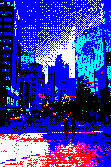 A heavily stylized, high-contrast image of a city street with pedestrians, processed in intense blues, reds, and whites with a pixelated or halftone aesthetic.