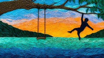 A vibrant textured artwork shows a silhouette of a person swinging from a tree branch over water, with a colorful sunset sky blending oranges, blues, and yellows in the background, evoking a peaceful summer evening that complements the "Summer is in Full Swing" theme of the "Drop Day on Drip" announcement.