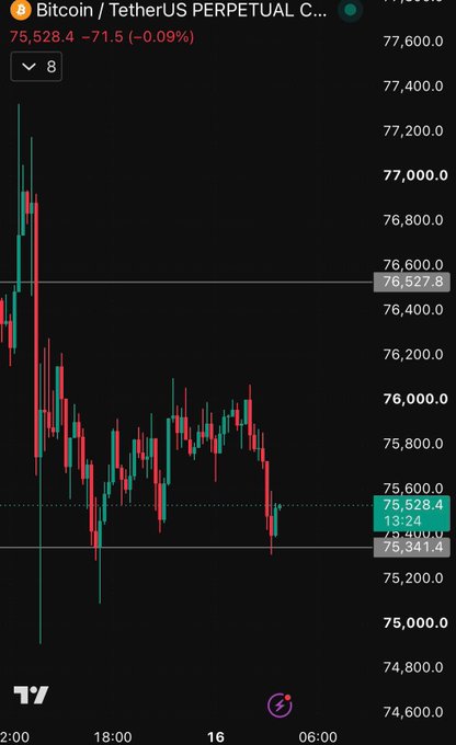 A Bitcoin/TetherUS perpetual contract (BTCUSDT.P) trading near $75,528.4, showing a sharp drop from ~$77,600 to a key support zone near $75,341.4, which the chart highlights with horizontal levels at $76,527.8 (resistance) and $75,528.4/$75,341.4 (support). The visible price action supports the post's view that BTC is testing a critical support level, where holding the current zone preserves the structure while a 4H close below it could trigger further selling pressure.