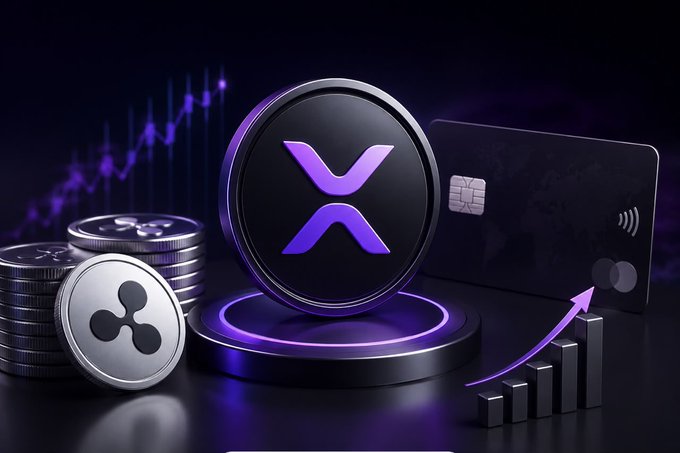 A promotional graphic featuring the XRP cryptocurrency logo prominently in the center, flanked by silver coins, a dark credit card, and purple upward-trending graphs indicating price growth.