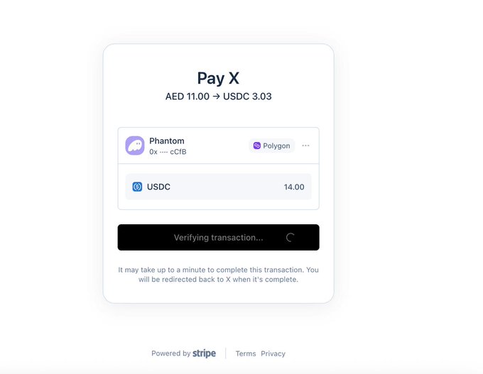 A "Pay X" payment confirmation screen powered by Stripe shows a transaction of AED 11.00 converting to USDC 3.03 via a Phantom wallet on the Polygon network, with a "Verifying transaction..." loading state. The image highlights the irony in the post by showing that even in 2026, users are forced to route crypto payments for X Premium through Polygon rather than Solana, despite Phantom being a Solana-native wallet.