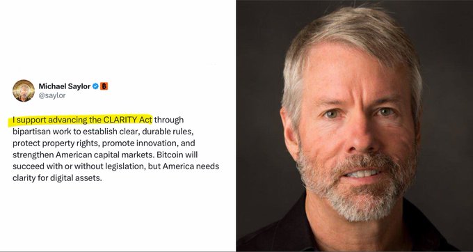 A tweet from Michael Saylor (@saylor) stating "I support advancing the CLARITY Act through bipartisan work to establish clear, durable rules, protect property rights, promote innovation, and strengthen American capital markets," alongside a professional portrait of Saylor, who is known for his advocacy of Bitcoin and digital asset regulation.