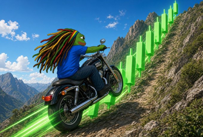 A green Pepe-style character with rainbow dreadlocks rides a motorcycle up a steep mountain trail alongside a rising green candlestick chart, symbolizing bullish upward momentum for the $BOB token. The image visually reinforces the "1000X GEMS" and "STONK" meme-driven rocket narrative as the bike charges toward the next green candles.
