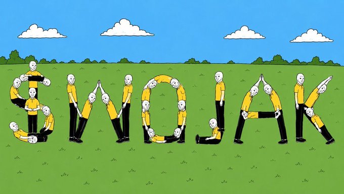 Humanoid figures in yellow shirts arrange themselves to spell "$WOJAK" against a green field and blue sky, visually reinforcing the post's message about the community-built culture behind the $WOJAK ticker. The image directly echoes the text by personifying the brand with multiple identical characters collaborating to form the token's name, suggesting unity and collective belief beyond mere imitation.