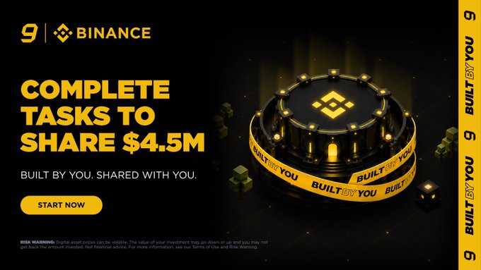 A Binance promotional banner advertises a $4.5M prize pool task campaign with the headline "COMPLETE TASKS TO SHARE $4.5M" and tagline "BUILT BY YOU. SHARED WITH YOU," featuring the Binance logo on a 3D vault-like platform surrounded by "BUILT BY YOU" branded tape. A "START NOW" call-to-action button and side branding reinforce the urgency of entering the "9YA" campaign before its July 25 deadline.