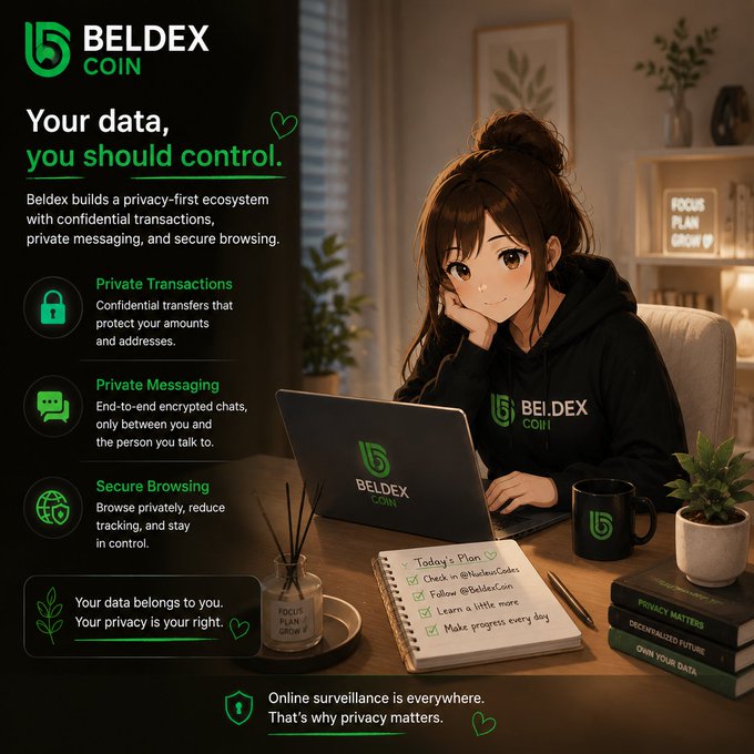 Promotional material for "BELDEX COIN" featuring an anime-style girl with a laptop, emphasizing privacy with features like "Private Transactions," "Private Messaging," and "Secure Browsing."