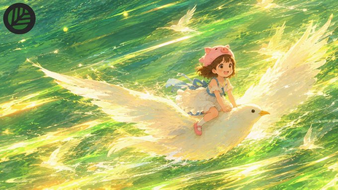 An anime-style illustration of a girl in a pink hat riding a white bird with glowing golden wings over shimmering green water, with a green leaf logo in the corner.