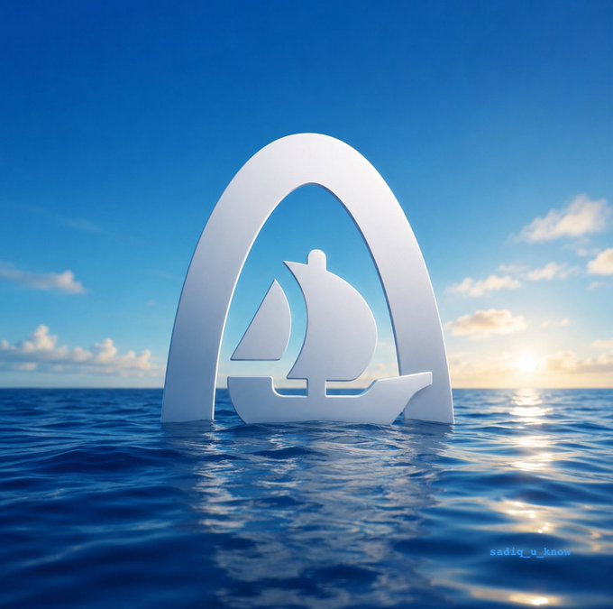 A white 3D cutout of a sailboat enclosed in an arch floats on the surface of a calm blue ocean under a sunny sky, with a 'sadiq_u_know' watermark in the corner.