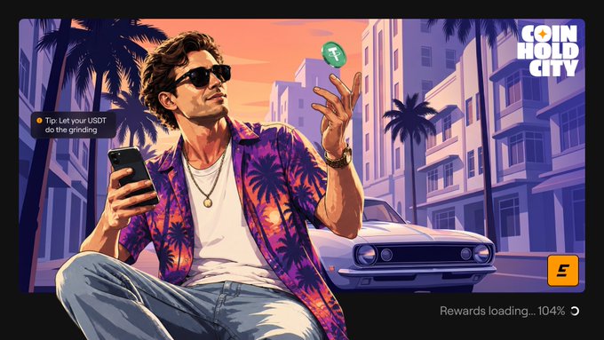 A stylish man in sunglasses and a tropical shirt tosses a USDT coin while checking his phone, set against a sunset cityscape with palm trees and a classic car, featuring "COIN HOLD CITY" branding and a tip reading "Let your USDT do the grinding," with "Rewards loading...104%" at the bottom—visually echoing the post's pitch of letting USDT work passively to fund a GTA VI launch day splurge.