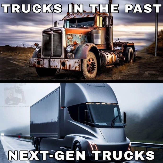 A two-panel comparison image labeled 'TRUCKS IN THE PAST' showing a rusted vintage truck, and 'NEXT-GEN TRUCKS' showing a sleek silver Tesla Semi.