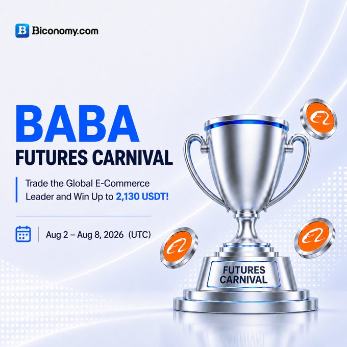 A promotional banner for Blconomy.com advertising a 'BABA FUTURES CARNIVAL' trading event from Aug 2 – Aug 8, 2026, with a prize pool of up to 2,130 USDT, featuring a silver trophy and orange coins.