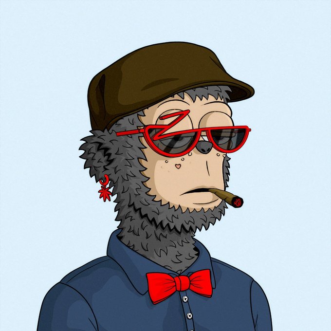 A cartoon illustration of a serious-looking gorilla wearing a brown cap, red sunglasses, a red bow tie, and a blue shirt, with a cigar in its mouth.