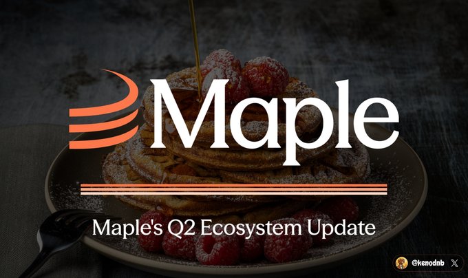 A graphic overlay showing pancakes with raspberries and syrup, featuring the 'Maple' logo and the text 'Maple's Q2 Ecosystem Update' with a watermark '@kenodnb'.