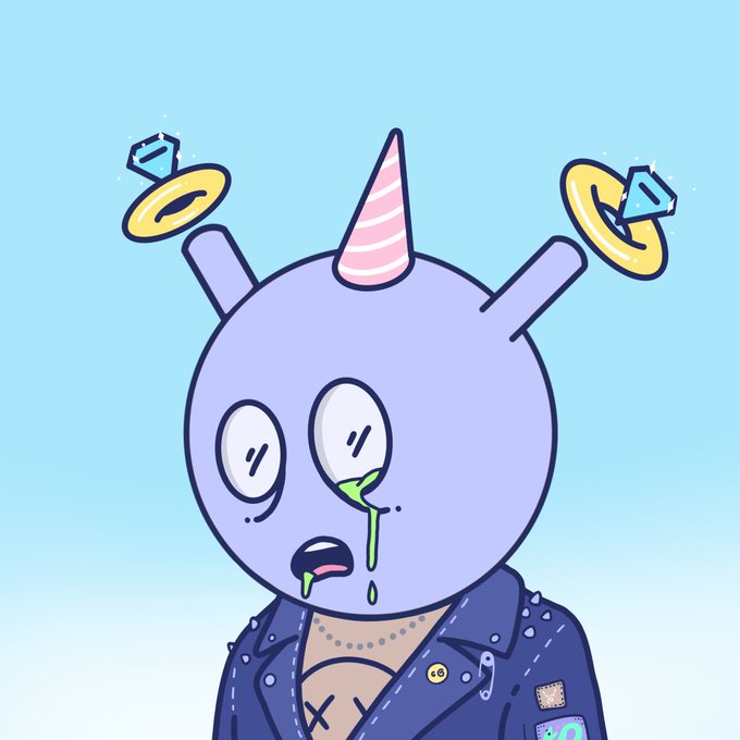 A cartoon character with a purple round head, a pink party hat, a spiked jacket, and dripping green liquid from its nose and mouth, with floating golden rings.