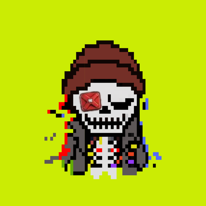 A pixel art character with a skull-like face, brown beanie, and dark robe appears glitched with scattered colored pixels and a bandage over one eye, set against a bright yellow-green background, visually representing the "GLRTCH" corruption referenced in the caption welcoming @crypto_czar_eth to the Subgrid.