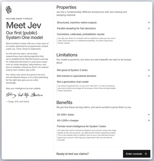 A webpage titled 'Meet Jev' describes a new 'System One model' with sections on 'Properties', 'Limitations', and 'Benefits', signed by Diogo, Erik, and Sasha, with an 'Enter console' button.