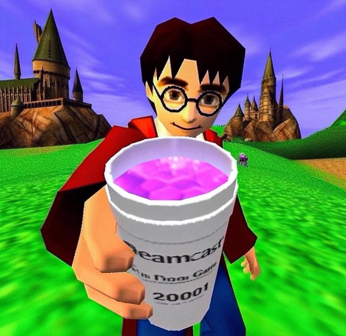 A 3D animated character resembling Harry Potter with round glasses holds up a white cup reading 'Dreamcast A New Door Opens 2001' filled with a glowing pink substance, with Hogwarts-like castles in the background.