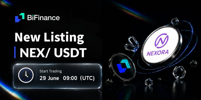 A BiFinance promotional graphic announcing the new NEX/USDT trading pair listing on June 29 at 09:00 UTC, featuring 3D renderings of NEXORA and BiFinance token logos against a dark, cosmic background. The image visually supports the announcement of Nexora's Web3 ecosystem integration onto the BiFinance platform.