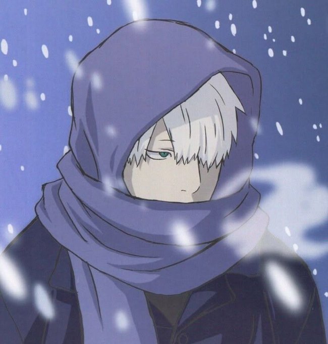 An anime character with white hair and one visible green eye is bundled in a purple hooded scarf while snow falls around them.