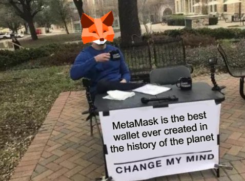 A person sits at a small table outdoors with a 'Change My Mind' sign that reads: 'MetaMask is the best wallet ever created in the history of the planet', with a paper bag featuring an orange fox over their face.