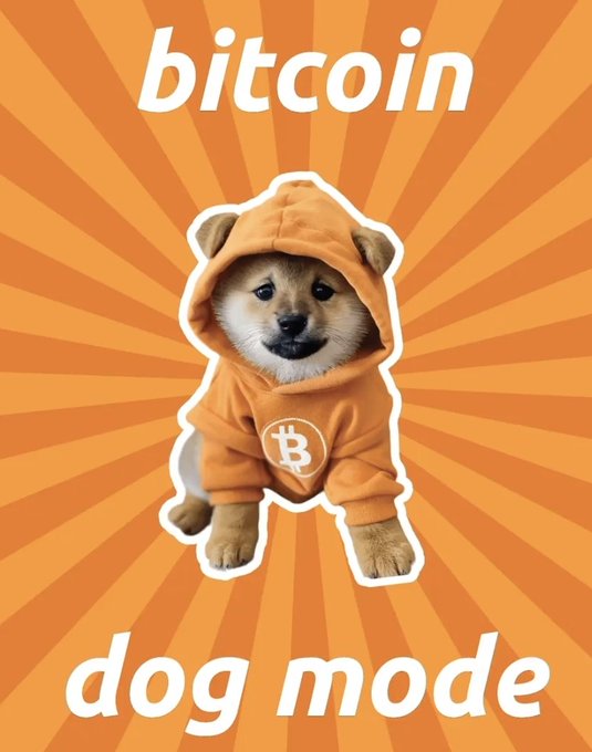 The image shows an adorable Shiba Inu puppy wearing an orange Bitcoin hoodie, with the text "bitcoin dog mode" displayed against a vibrant orange sunburst background. It plays on the iconic Dogecoin Shiba Inu mascot while tying it to Bitcoin branding, likely posted to show support for the $DOG listing request on HTX Global.