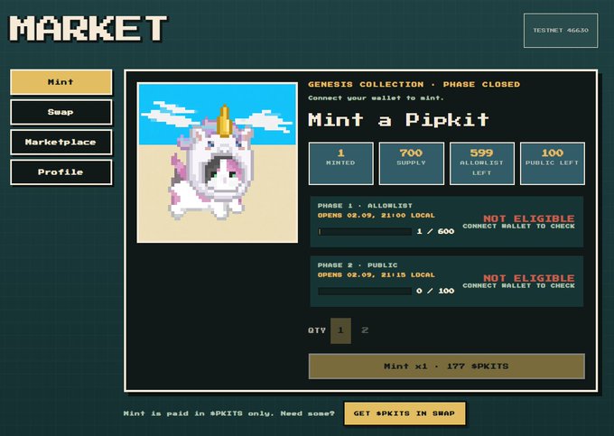 The image shows a pixelated unicorn NFT minting page titled "Mint a Pipkit" on the Pipkits marketplace, displaying stats like 1 minted, 700 supply, 599 allowlist left, and 100 public left, with each NFT priced at 177 $PKITS. This visually confirms the accompanying announcement about the test Pipkits NFT mint scheduled for 18:00 UTC, where users will need 177 $PKITS to mint.