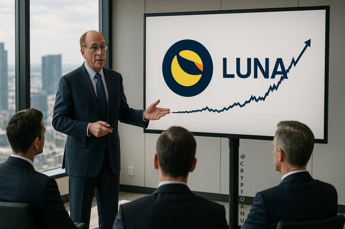 A business presentation scene where a man in a suit gestures toward a screen displaying the LUNA logo and an upward-trending chart, with '@CRYPTOANU' visible on the side.
