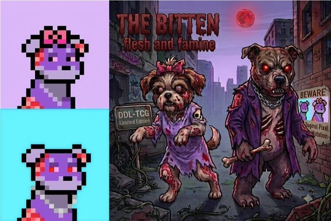 Promotional artwork for 'THE BITTEN flesh and famine' featuring pixel art of zombie dogs on the left and detailed horror illustrations of zombie canines on the right, labeled 'DDL-TCG Limited Edition'.
