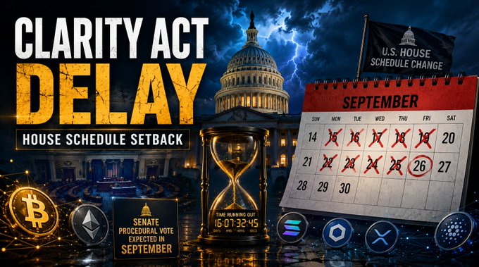 A graphic titled 'CLARITY ACT DELAY - HOUSE SCHEDULE SETBACK' featuring the Capitol building, an hourglass, a September calendar with crossed-out dates, and various cryptocurrency logos.