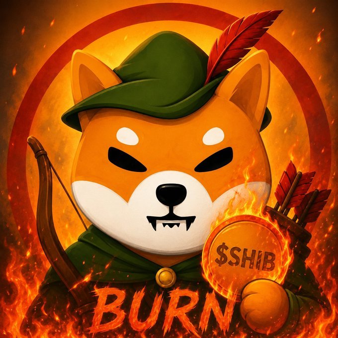 A digital artwork showing a Shiba Inu dog dressed as a hunter with a green feathered hat and bow, holding a $SHIB token coin amid flames, with the word "BURN" displayed at the bottom.