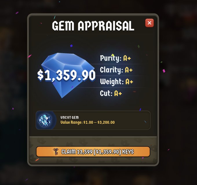 A 'Gem Appraisal' screen shows a blue gem valued at $1,359.90 with A+ ratings in Purity, Clarity, Weight, and Cut, with a button to 'Claim 13,599 ($1,359.90) KEYS'.
