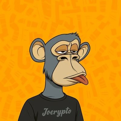 A cartoon NFT-style illustration of a bored-looking monkey wearing a black shirt with the text 'Joerypto' against an orange patterned background.