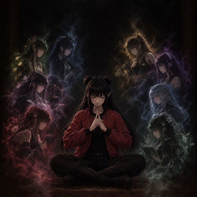 A dark anime-style illustration of a girl meditating in the center, surrounded by mystical ghostly figures with colorful auras.