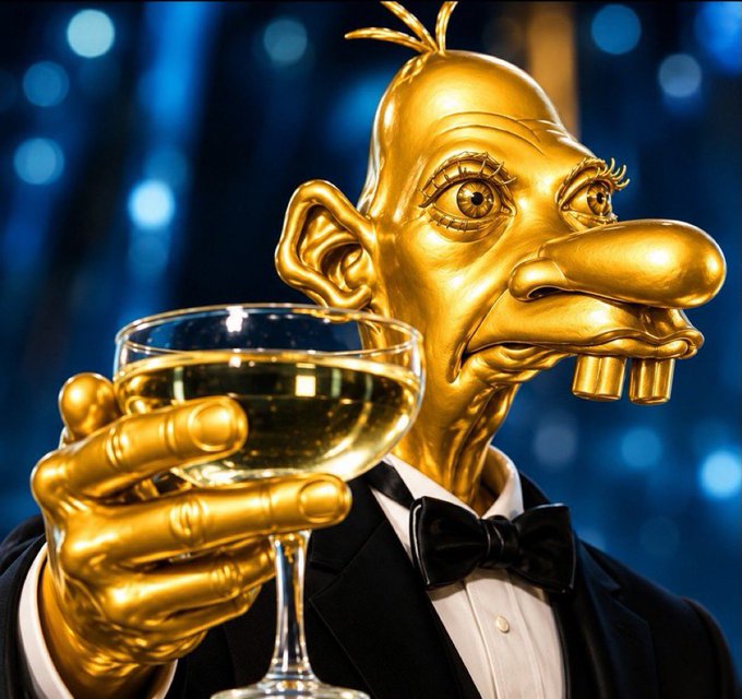 A 3D rendering of a golden, alien-like humanoid figure in a tuxedo and bow tie, holding a glass of white wine against a dark blue bokeh background.