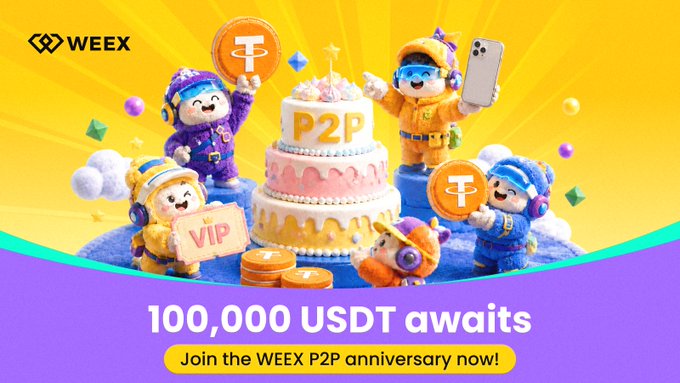 A promotional banner for WEEX celebrating their P2P anniversary with cartoon characters, a cake, and text reading '100,000 USDT awaits' and 'Join the WEEX P2P anniversary now!'.
