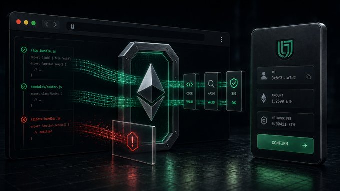A digital rendering illustrating a cryptocurrency transaction interface with code execution (Solidity files), a central Ethereum logo being processed, and transaction details including an amount of 1.2500 ETH and a network fee of 0.00421 ETH ready to be confirmed.